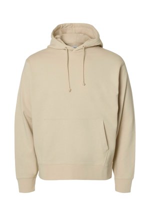 Hoodie beige, fabriqué en tissu doux, avec une poche frontale, des cordons de serrage ajustables et une coupe décontractée. Texture lisse.