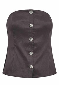 Top grigio scuro senza spalline con un design elegante, caratterizzato da sei bottoni decorativi a forma di fiore lungo la parte frontale e una superficie liscia.