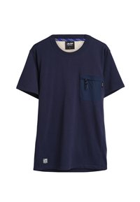 Marineblauwe katoenen T-shirt met ronde hals, korte mouwen en een voorkantzak met ritssluiting. Label met logo bevindt zich aan de onderkant.