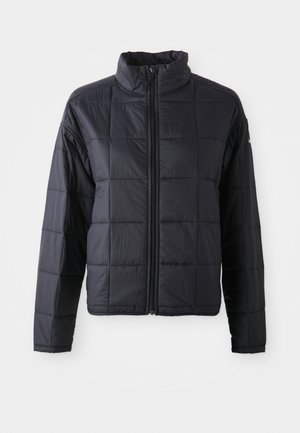 Black quilted jacket with a high collar, full front zipper, and long sleeves. Made of lightweight material with a smooth texture.