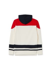 Creme kleurige hoodie met een rood bovenstuk en een marineblauwe capuchon. Heeft marineblauwe en witte gestreepte manchetten en zoom. Zacht katoenen materiaal.