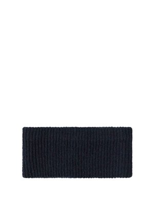 Sort strikket pandebånd med ribbet tekstur, rektangulær form, designet til at dække ørerne for varme.