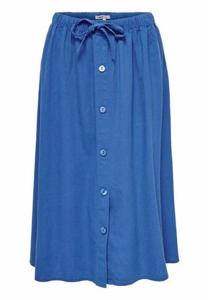 Blaue Leinen-Midi-Rock mit elastischem Bund und Kordelzug, ausgestattet mit einer Knopfleiste vorne und einer lockeren Passform. Glatte Textur, ohne Muster.