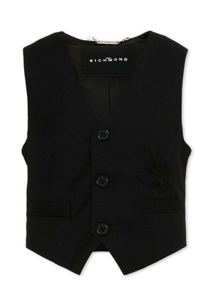 Gilet formale nero con tre bottoni, due tasche frontali e un piccolo emblema ricamato sul lato inferiore destro.