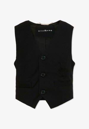 Gilet formale nero con tre bottoni, due tasche frontali e un piccolo emblema ricamato sul lato inferiore destro.