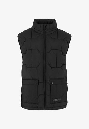Svart isolert vest med høy krage, frontglidelås, to trykknapp-lommer og en kviltet sekantil mønster.