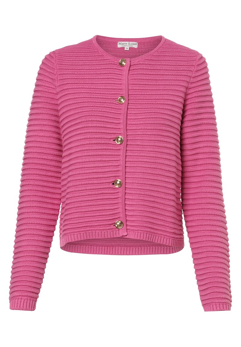 Rosa stickad cardigan med horisontell ribbad textur, rund halsringning och fem metallknappar fram. Hel längd på ärmarna.