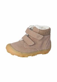 Braune Leder-Ankle-Boots mit doppelten Klettverschlüssen, weichem Innenfutter, runder Zehenform und Gummisohle mit strukturiertem Griff.