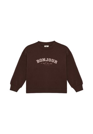 Mørkebrun langærmet sweatshirt med ribbet manchetter og kant, med teksten "BONJOUR c'est la vie Paris" på forsiden.