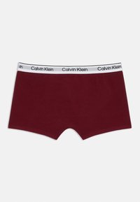 Bordowe bawełniane bokserki z białą elastyczną talią, na której znajduje się czarny napis "Calvin Klein". Gładka tekstura, średniej długości design.