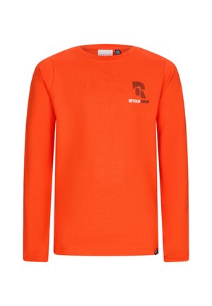 Helles orange Langarmshirt mit Rundhalsausschnitt und kleinem schwarz-weißen "Retour Denim" Logo auf der oberen linken Brust.