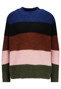 Sweter dzianinowy z okrągłym dekoltem, ozdobiony poziomymi paskami w kolorach niebieskim, czarnym, brązowym, różowym i zielonym. Tkanina o fakturze z prążkowaniem.