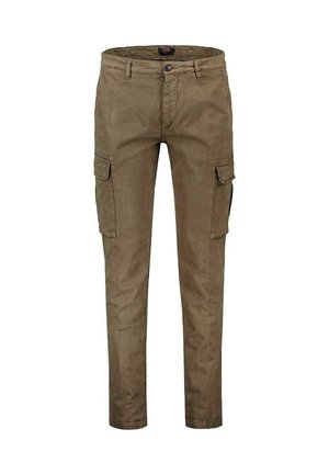 Pantaloni cargo in cotone verde oliva tenue. Presentano tasche laterali, vestibilità rilassata e chiusura con bottone. Gamba dritta con texture minima.