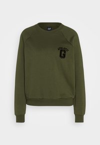 Felpa verde oliva con girocollo, dotata di polsini e orlo a costine, che presenta la scritta "Athletic Dept" e un grande logo "G" sul lato sinistro del petto.