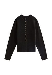 Svart cardigan i ett mjukt material, med rund halsringning, långa ärmar och en rad med guldtonade knappar fram.