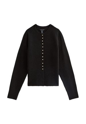 Cardigan nero realizzato in un materiale morbido, con scollo rotondo, maniche lunghe e una fila di bottoni dorati lungo il davanti.