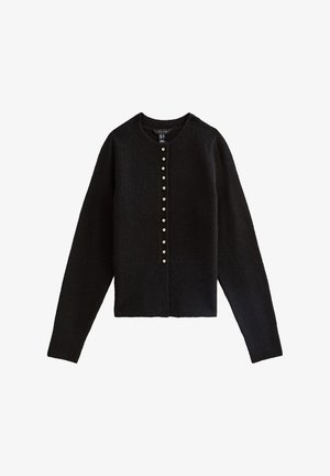 Schwarze Strickjacke aus einem weichen Material, mit einem Rundhalsausschnitt, langen Ärmeln und einer Reihe von goldfarbenen Knopfverschlüssen auf der Vorderseite.