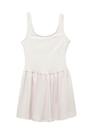 Hellrosa ärmelloses Kleid mit tailliertem Oberteil und weit schwingendem Rock, das mit einem karierten Muster und einem kleinen Schleifendetail auf der Rückseite versehen ist.