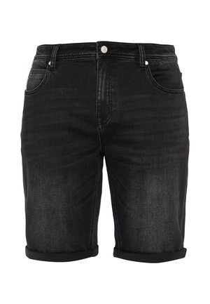 Schwarze Jeansshorts mit umgeschlagenem Saum, fünf Taschen, Knopf- und Reißverschluss, vor weißem Hintergrund. Keine sichtbare Person.
