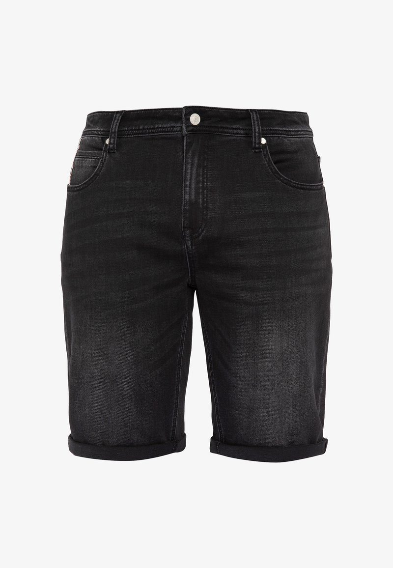 Short en jean noir avec ourlets retroussés, cinq poches, fermeture à bouton et à glissière, présenté sur fond blanc. Aucune personne visible.