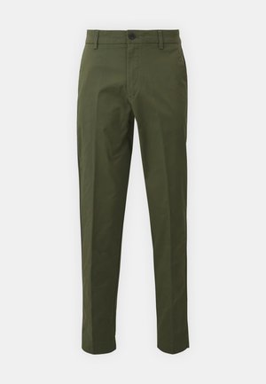 Olive green cotton trousers with a straight-leg design, featuring a front button closure, side pockets, and minimal stitching details.