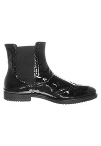 Botte de cheville en cuir verni noir avec des panneaux latéraux élastiques, bout rond et ornementation perforée décorative le long du bord et de la couture. Semelle plate.