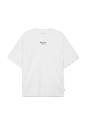 White cotton t-shirt with short sleeves, relaxed fit, crew neckline, and printed "Les Deux" graphic in the center. Smooth texture, minimal design.
