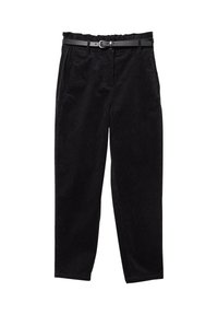 Pantalons en velours côtelé noir avec une ceinture noire à taille réglable, coupe droite et poches latérales. Tissu texturé avec un motif en côtes.