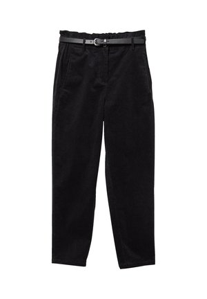 Zwarte corduroy broek met een verstelbare tailleband en een zwarte riem, rechte pijp en zijzakken. Textuurstof met een geribbeld patroon.
