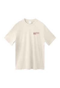 Cream cotton t-shirt with short sleeves, relaxed fit, and a red printed graphic reading "EQUESTRIAN PRIDE" on the chest.