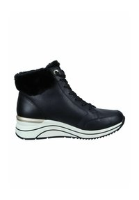 Bottines en cuir noir avec une bordure en fausse fourrure, semelle en caoutchouc et accents blancs superposés. Comprend des lacets et une tige texturée pour une meilleure adhérence.