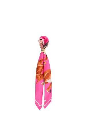 Silk scarf featuring a vibrant pink background with printed dog illustrations in brown and white. Accented with a contrasting white border.