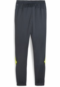 Grijze sportbroek van een textuurstof, met een neongele accent aan de zijkanten en een elastische tailleband voor een veilige pasvorm.