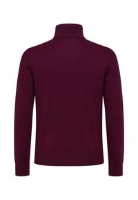 Pullover di maglia color amaranto con collo alto, maniche lunghe e polsini a costine. Tessuto liscio, colore uniforme e design aderente.