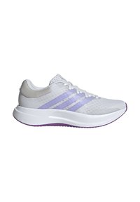 White and light gray running shoe with purple stripes, laces, and a thick cushioned sole, shown in side profile on a white background.