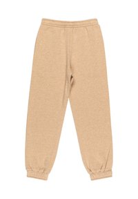 Beige joggerbyxor i mjukt material, med elastiskt midjeband och elastiska mudd vid anklarna. Enkel, avsmalnande design.