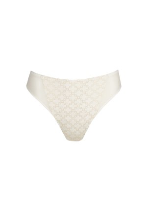Beige Damen-Bikini-Slips mit dezentem Muster aus ineinandergreifenden Ketten und glatten Stoffseiten vor weißem Hintergrund.