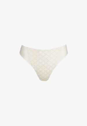 Beige women's bikini briefs with subtle interlocking chain pattern and smooth fabric sides against a white background.