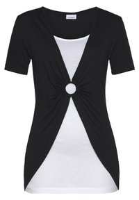 Black short-sleeve top with a white inner layer. Features a gathered design and a circular accent at the front, creating a layered effect.