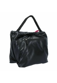 Sac fourre-tout en simili cuir noir avec un haut froncé, une anse tressée et une poche zippée. Texture lisse avec un subtil éclat.