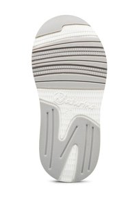 Semelle d'une chaussure gris clair et blanche avec des semelles à motifs et un logo "Naturino" près du talon.