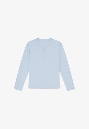 Light blue long-sleeve shirt made of soft fabric, featuring a round neckline and three buttons along the placket for closure.