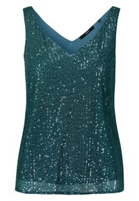 Haut sans manches teal avec un décolleté en V, recouvert de sequins scintillants, présentant une doublure douce et un ourlet droit. Étiquette visible au niveau du cou.