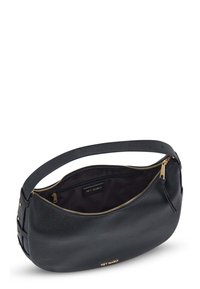 Schwarze Lederhandtasche mit strukturiertem Finish, goldenen Hardware-Elementen, Reißverschluss und einem einzelnen Schulterriemen. Enthält ein Reißverschluss-Innenfach.