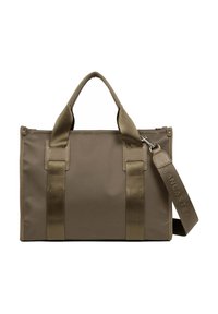 Sac fourre-tout en khaki avec poignées doubles et bandoulière ajustable, fabriqué en tissu durable. Il dispose d'une fermeture éclair et de poches extérieures pour l'organisation.
