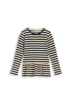 Chemise à manches longues à rayures horizontales noires et blanches avec col rond et bas volanté, posée à plat sur fond blanc.