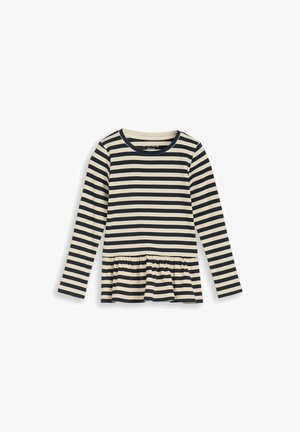 Langärmliges, schwarz-weiß horizontal gestreiftes Shirt mit rundem Ausschnitt und Rüschensaum, flach auf weißem Hintergrund liegend.