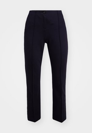 Pantalons ajustés bleu marine en tissu lisse, avec une fermeture à bouton, un devant plat et des jambes droites avec un détail de plis.