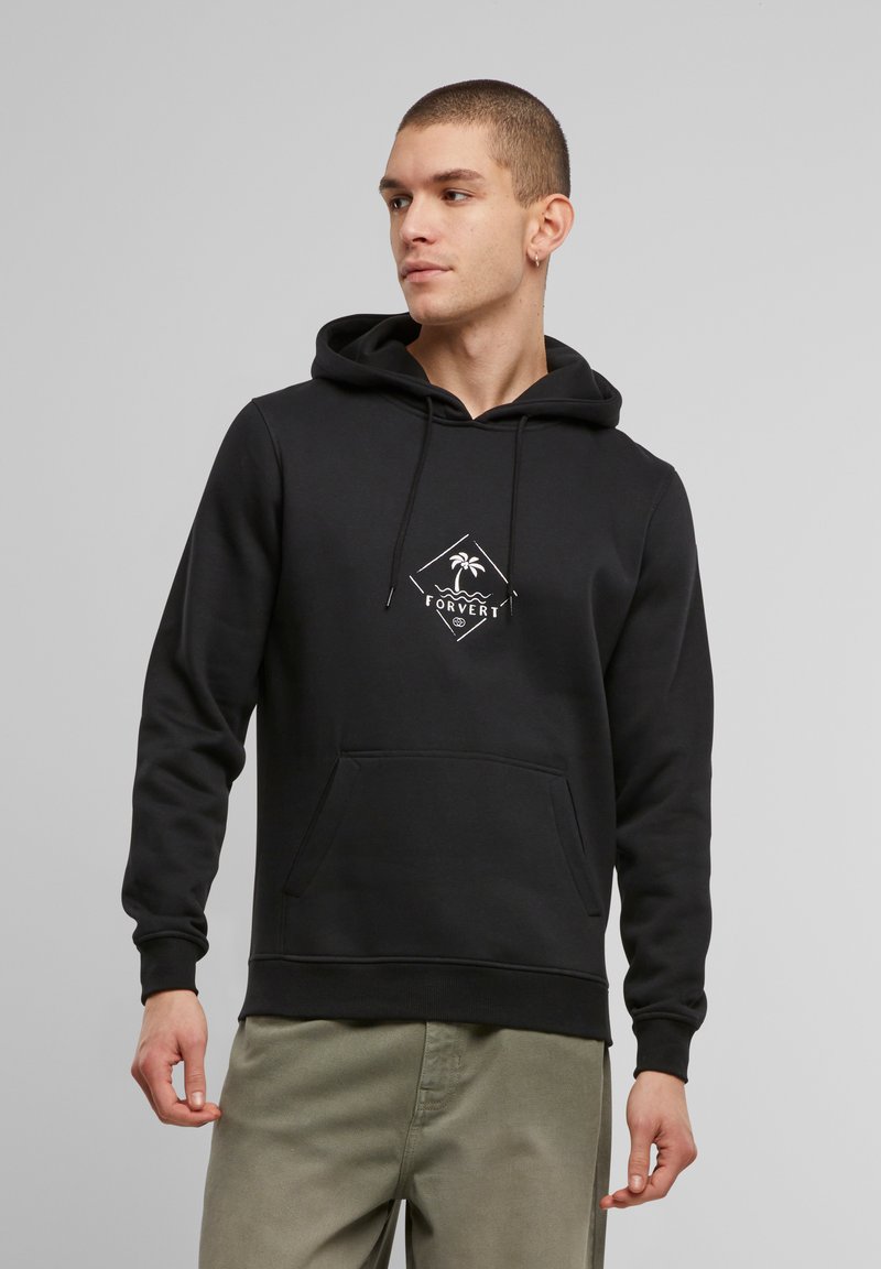 Felpa nera in cotone con tasca frontale, cappuccio con cordino e logo di una palma bianca a forma di diamante sul petto.