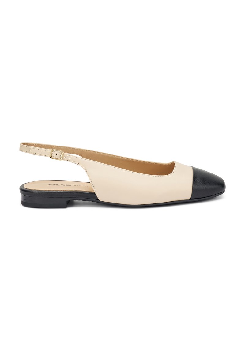 Scarpa flat con cinturino featuring in pelle beige e punta nera. Progettata con tacco basso e cinturino alla caviglia regolabile.